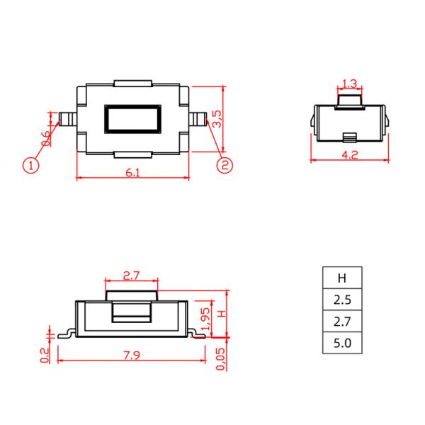 Tact Switch 3*6*2.5/2.7/5.0H 2 Pins SMD Red Button Touch Switch