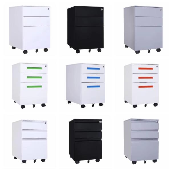 Compact Metal File Cabinet 3 Drawers Rounded Corners Removable Pedestal Home Bedroom School Work-White Grey Black Steel Storage