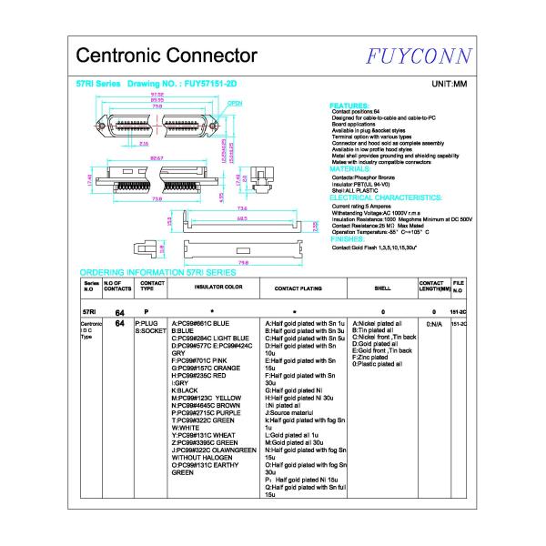 TYCO 64 Pin RJ21 Male Centronic IDC connector without Cover Certificated UL