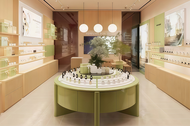 Minimalist Pastel Green Circular Perfume Display Cabinet With Wall Mount Storage Cabinets and Multi-Layer Classified Display