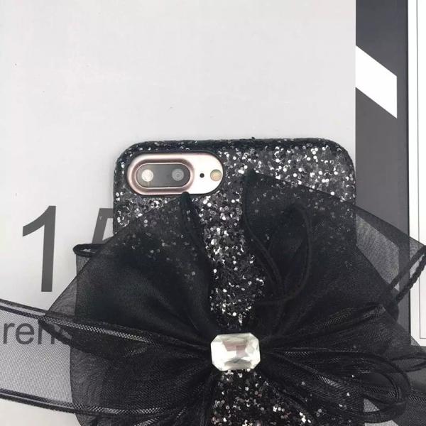 Korea Style Glitter Back Cover Big Black Yarn Bow Pasted Cell Phone Case For iPhone 7 6s Plus