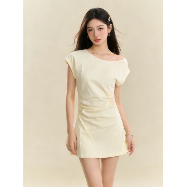 Asymmetrical Neck Ruched Mini Dress - Available in Black, Plum & Cream