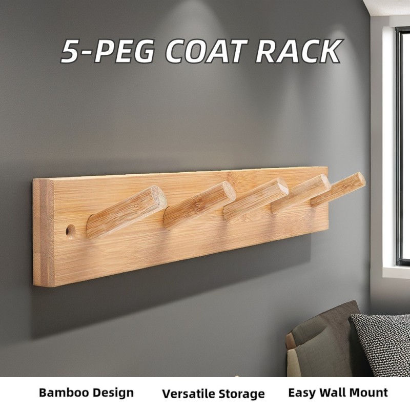 Customized 5-Pegs Bamboo Wall Mounted Coat Rack Single-Tier Entryway Hat and Bathroom Kitchen Towel Hangers for Wall