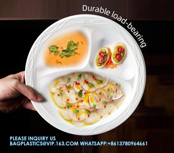 White Plastic Plates, 9 Inch 3 Compartments 150 Pack Food Grade Material BPA Free Reusable Dinner Plates