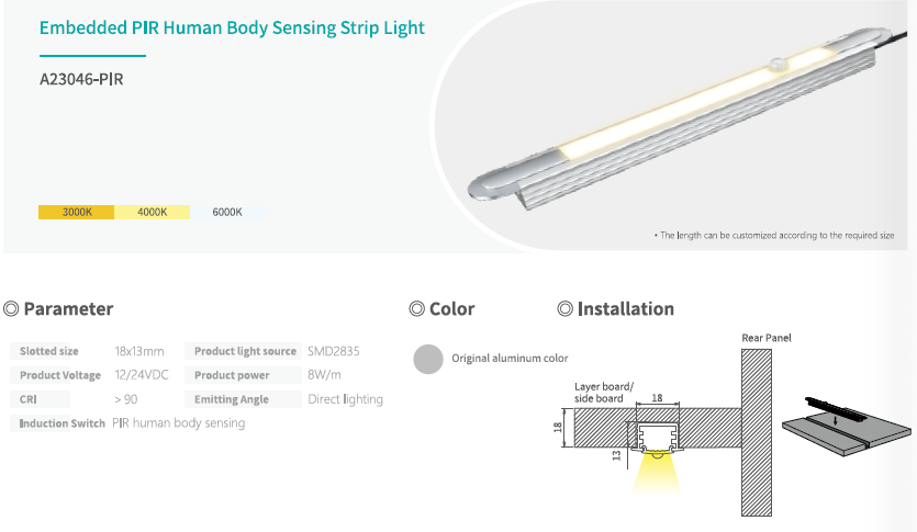 Letaron Under Cabinet PIR Motion Sensor LED Strip Lights Recessed Custom Length RA90+ 12/24V