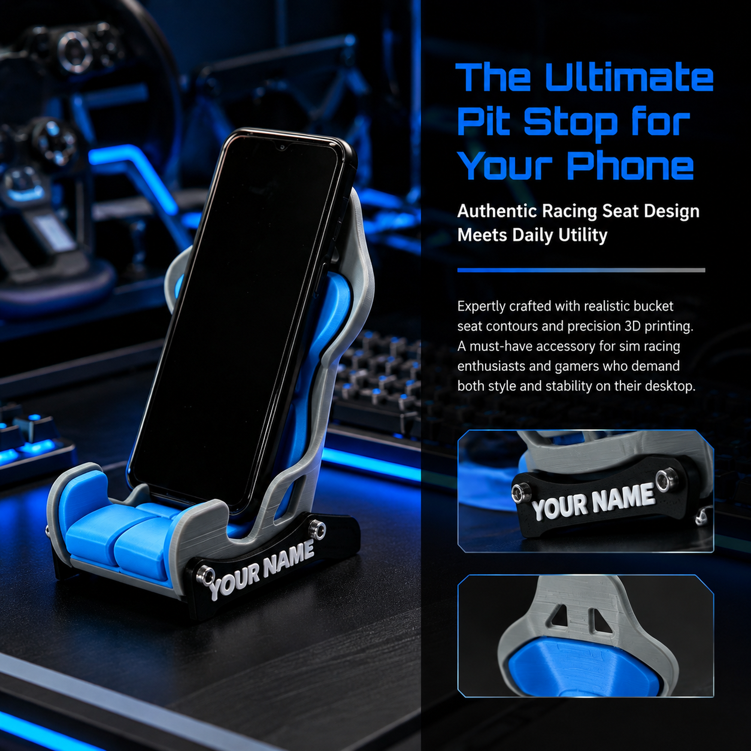 Multi Color Digital 3D Printing Custom Text Racing Seat Shape Cell Phone Holder