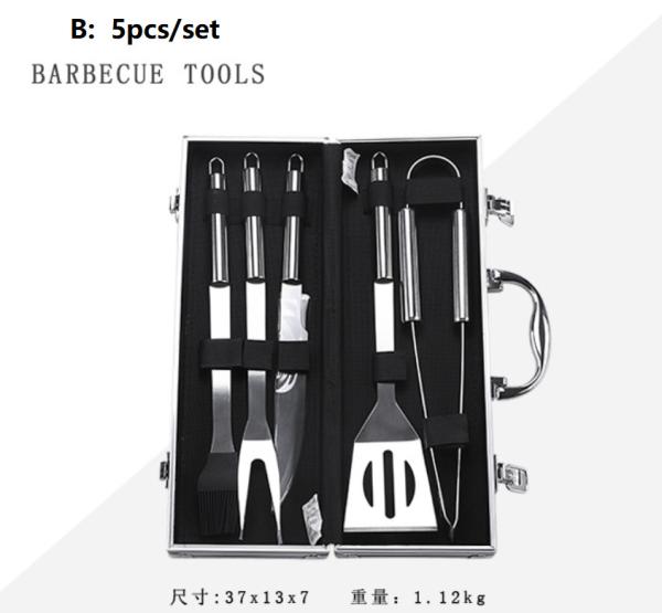 Outdoor/Domestic Barbecue Toolbox Set, Stainless Steel Grill Set, Fork, Spatula, Clamp, Brush