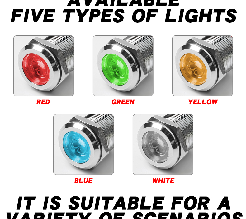 10mm Metal Power LED Indicator Lights IP65 Rated 40000 Hours Lifespan Multi-color Compatible 3V-24V-110V-220V Durable Versatile