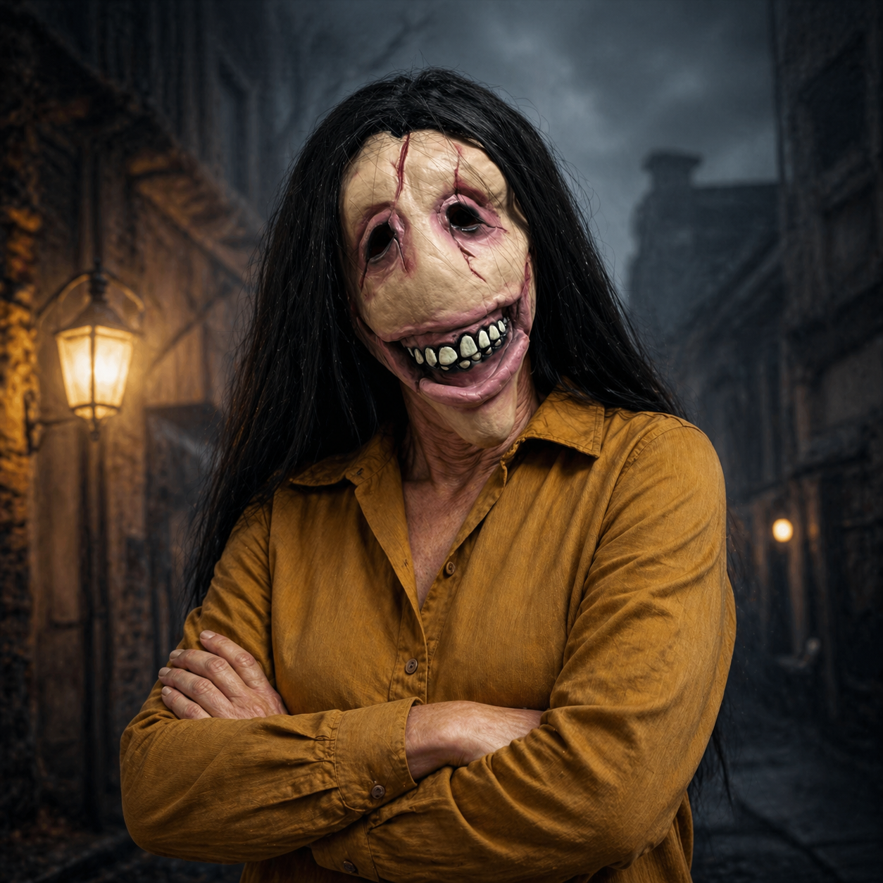 Creepy Smiling Mutant Face Mask with Long Hair, Scary Realistic Skin Mask for