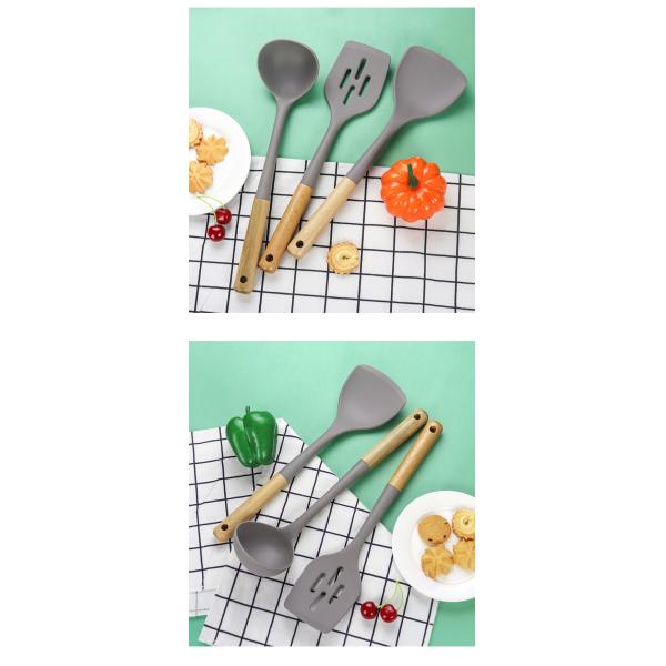 Silicone Kitchen Three-piece Set Heat Resistant Shovel Non-stick Spoon Wooden Handle