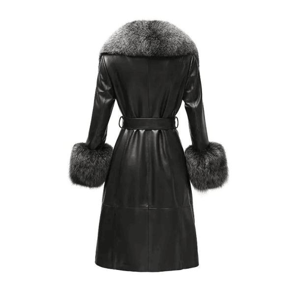                  Winter Fox Fur Collar Cuffs Women Long Leather Jacket Black Genuine Sheepskin Trench Leather Fur Coats for Ladies             