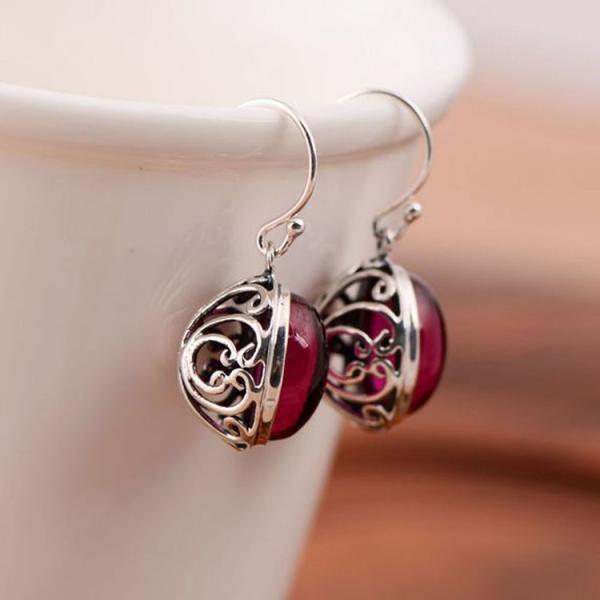 Sterling 925 Silver Synthetic Ruby Pendant Dangle Earrings (019515)