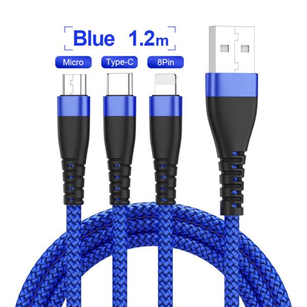 3 In 1 Nylon Braided USB Cable Flexible Phone Charging 3A 1.2M For Iphone Samsung