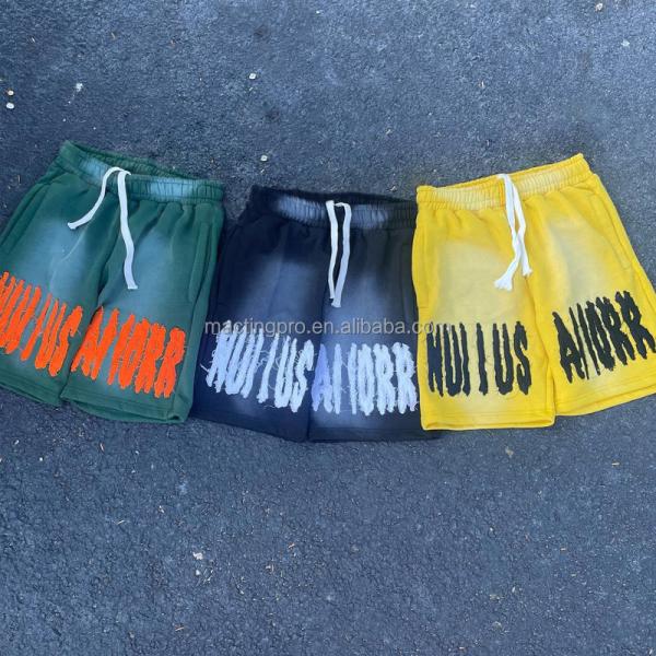 Red Running Acid Wash Distressed Shorts Set Vintage Style Sun Fade Sweat Shorts Embroidered Logo