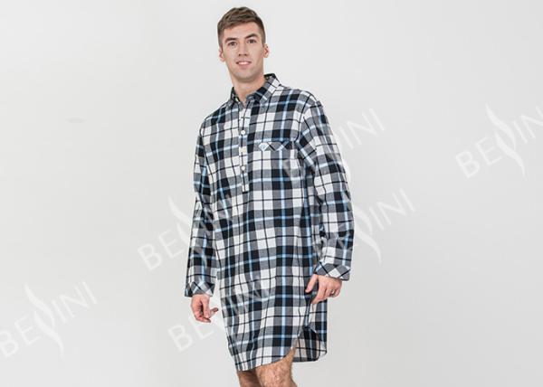 Mens Woven Cotton Brushed Twill Yarn Dyed Long Sleeve Nightshirt Button Placket Embroidery Curved Hem