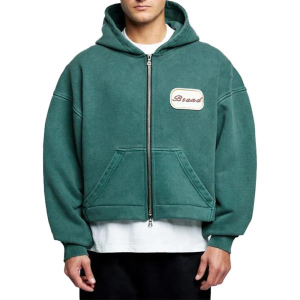 Custom Logo Patch Applique Embroidery Heavyweight 600 gsm Hoodie Baggy Boxy Cropped Acid Wash Double Zipper Hoodie