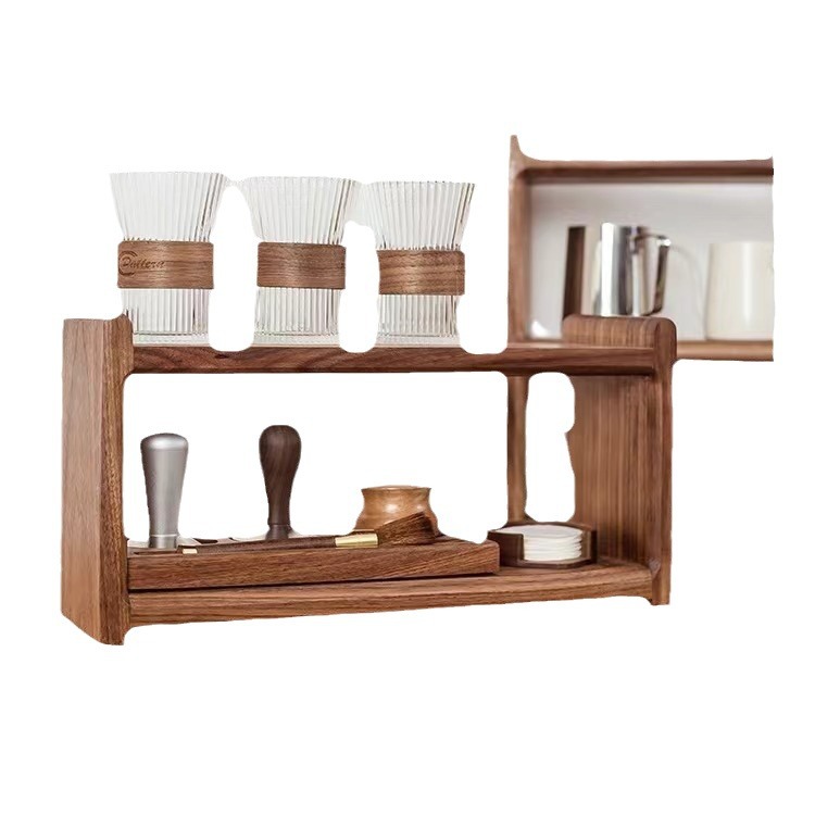 Double-Tier Wooden Storage Rack for Teacup Coffee Cup Table Top Kitchen Organizer with Wire Holder for Seasoning Bottle Sundries