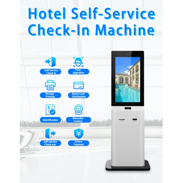 32 Inch Hotel Self Service Check in Kiosk with Room Card Dispenser Passport Scanner Touch Screen Check-Out Terminal OEM