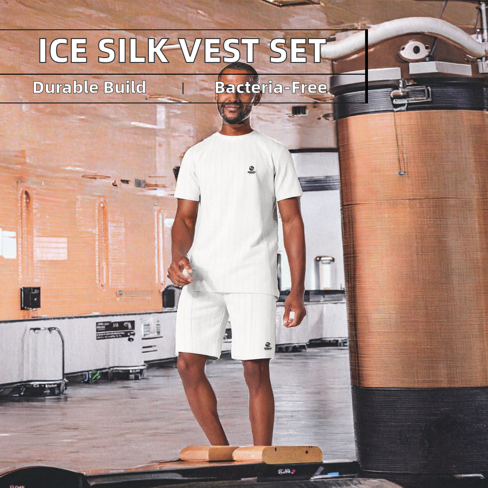 Men's Lightweight Summer Sports Vest Set with Ice Silk Hood Sleeveless Sweatshirt Solid Color Printed T-Shirt Anti-Bacterial