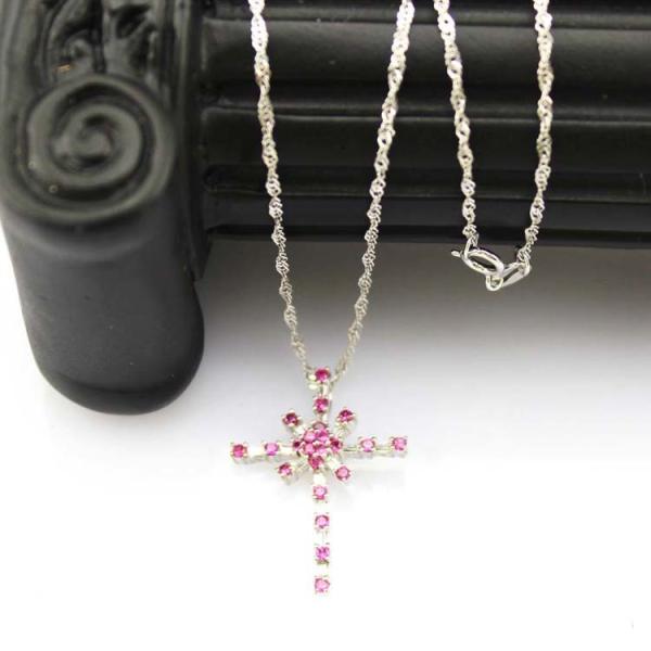 Women Jewelry 925 Silver  Pink Cubic Zirconia Cross Pendant Necklace  (P37)