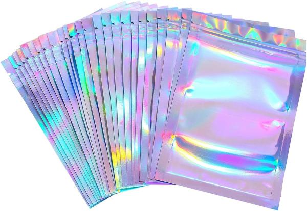 Clear Front Foil Back Iridescent Food Zip Lock Bags Resealable Holographic Stand Up Pouches Smell Proof Mylar Bags