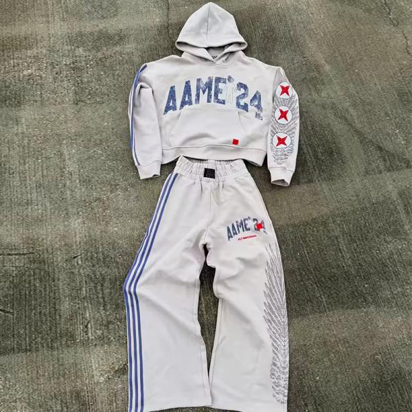 Sweat à swets à écran sur mesure Sweins Sweins Sweet Acid Wash et Pantalons à rayures Sport Jogger Ensembles de surdimen