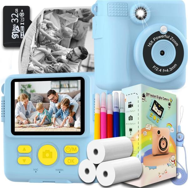 1080P HD Kids Digital Camera 2.4 inch Screen Size Instant Print 32G SD Card 3 Rolls Photo Paper Perfect Birthday Christmas Gifts for 6-12 Boys Girls
