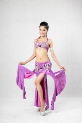 2pcs Lyrical Purple Halter Neck Metallic Bras & Skirt Belly Dancing Clothes