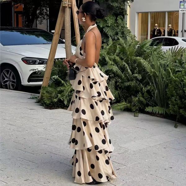 Polka Dot Maxi Dress - Feminine Design Long Dress with Flowy Silhouette