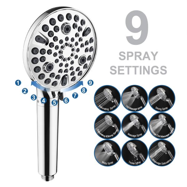Stone Filtered 9 Spray Water Function Adjustable Hand Held Shower Head for Water Saving