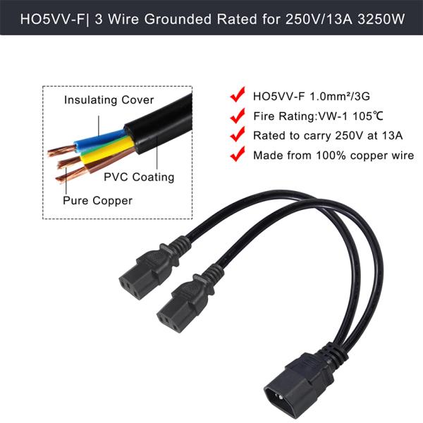 16AWG Carga pesada C14 a 2xC13 Cordón de alimentación para servidores / equipos industriales 300V 10A ROHS certificado con enchufe de 3 puntas