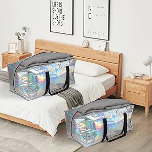 Heavy Duty Moving Bags 24-Gallon Extra Large Waterproof Foldable Clothing Storage Totes Bags With Zipper,Reinforced Handles,Packing Moving Boxes For Dorm & Seasonal Storage,Iridescent