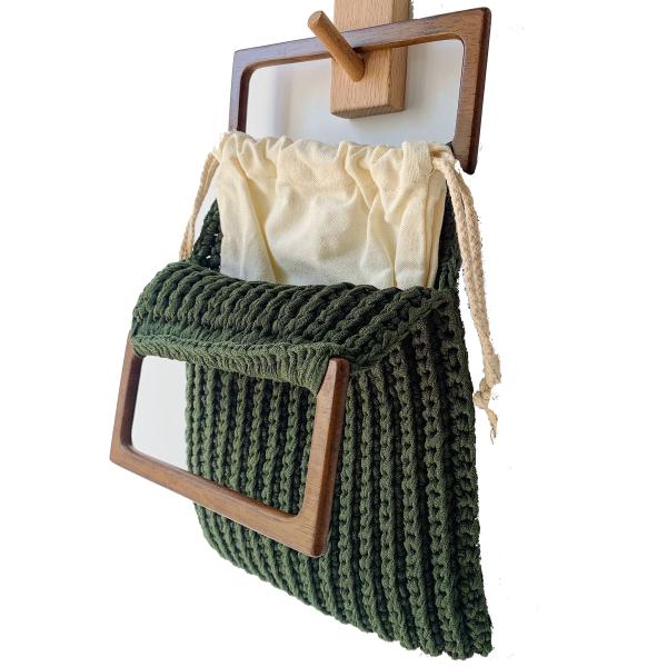 Green Crochet Hand Made Bags Ice Hemp Material with Wooden Handle OEM ODM