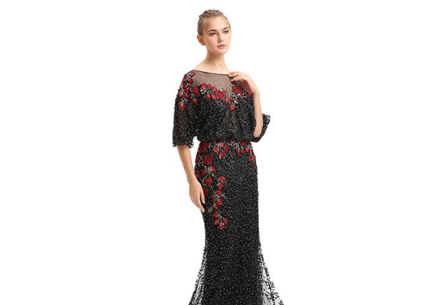 Embroidery Black Beading Half Sleeve Evening Dresses Long Maxi Floor Length