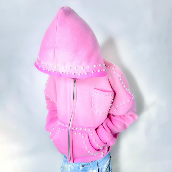 Double Layer Full Zip Rhinestone Hoodie Bonded Structure Drop Shoulder Rhinestone