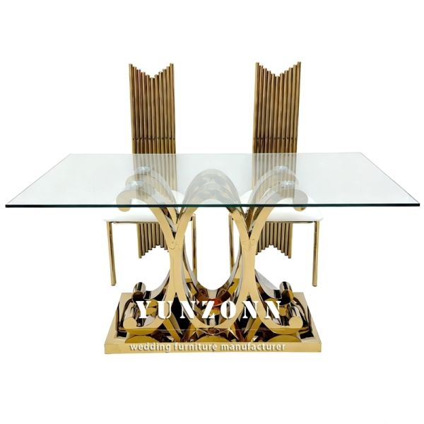 Special Golden Stainless Steel Luxury Glass Dining Table Sets for Bride and Groom for Wedding Events and Hotel Use
