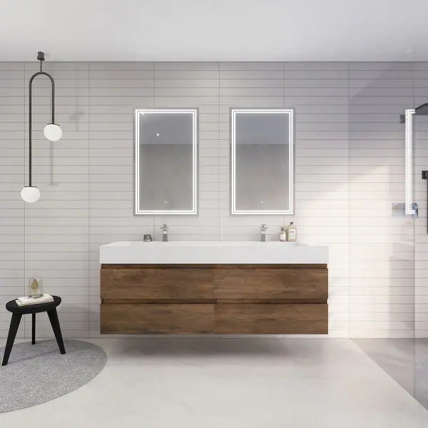 Simple Wood Grain Bathroom Vanity with Wall Mounted Double Sink and Basin Included