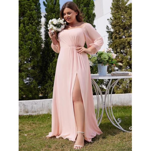 Plus Size Ruffled Sweetheart Neck Long-sleeved High Slit Pink Chiffon Off-shoulder Bridesmaid Dresses 