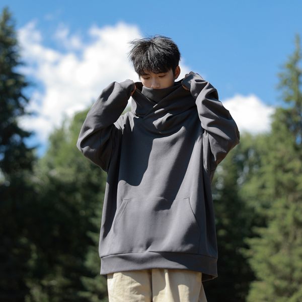 Vintage Turtleneck Windproof Face Cover Hoodie, Unique Introvert Street Casual Sweatshirt