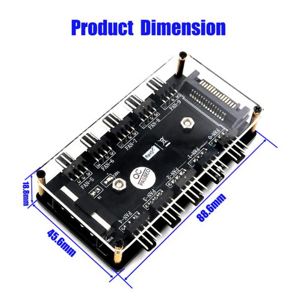 10-Way Fan Hub With PMMA Housing And Magnetic Bracket (Power Supply From A 4-Pin Molex Or SATA 15-Pin Connector)
