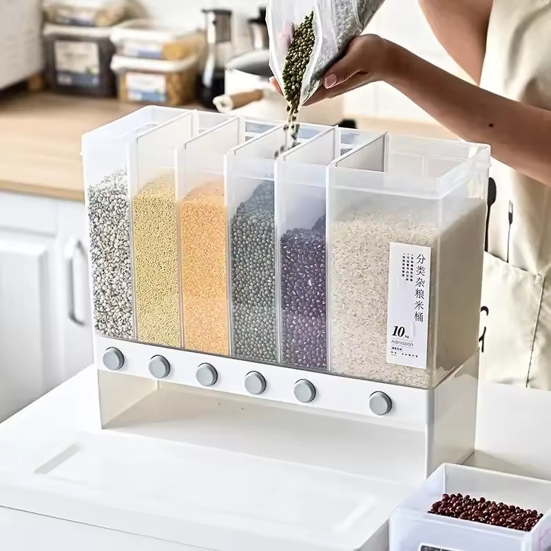 Press-Type 6 Grid Cereal Dispenser Wall Mountable Countertop Grain Storage Box for Rice Dry Foods
