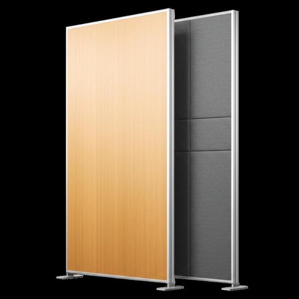 Cloison de séparation en panneaux de MDF et tissu insonorisant, supportée par une structure en aluminium