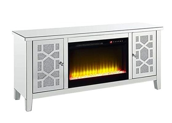 Mirrored Design Electric Fireplace TV Stand with Crush Diamond Accents and 1500W Heater