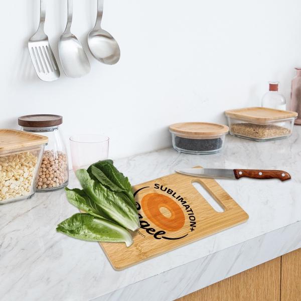 Planche de coupe en bois de bambou sublimation personnalisée avec poignée pour cuisine