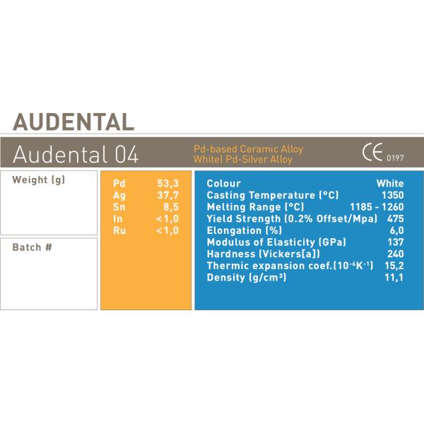 Audental 04 aleación noble de plata-paládio porcelana aleación blanca Pd53.3% para restauraciones dentales de larga duración