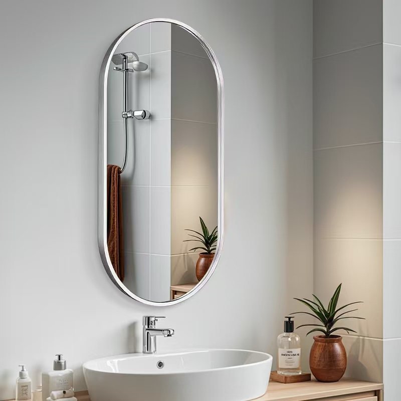 Kingstin Modern Oval Bathroom Mirror, Brushed Silver Stainless Steel Frame, Wall-Mounted Minimalist Vanity Mirror, Customizable