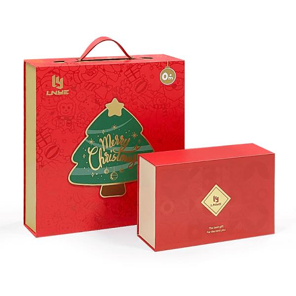Custom Luxury Red Magnetic Clamshell Christmas Theme Gift Box Bio-Degradable Rigid Magnetic Closure Box Packaging With Handle