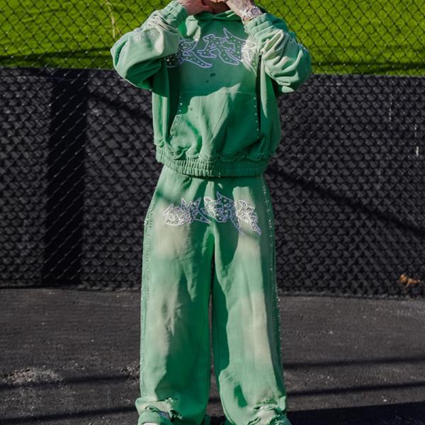 Rhinestone Embroidered Patch Distress Sweat Suit Acid Wash Vintage logo Baggy Tracksuit Manufacturer Custom