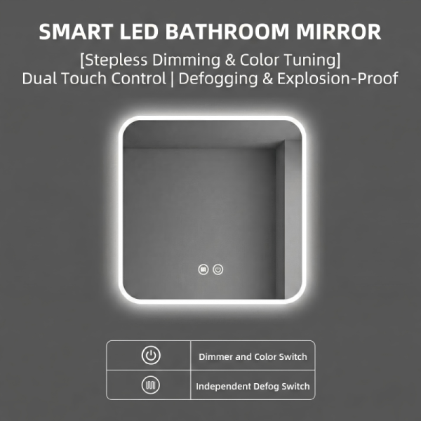 Kingstin Modern Frameless LED Mirror Bathroom Smart Touch Switch Time Display Anti-Fog Dimmable Wall Mounted Light Mirror