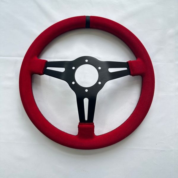 DELUXON Universal Red  Suede Racing Steering Wheels 350mm/70 MM Dish 6 Bolt With Black Stitching Black Spoke 